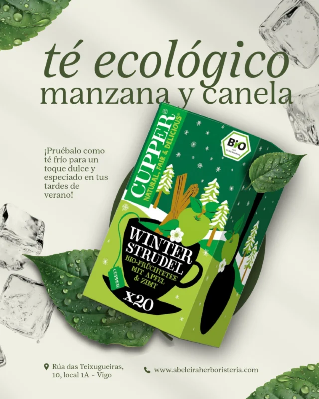 🌿✨ Aunque sea verano, siempre hay un buen momento para una infusión deliciosa (¡y si es fría, mejor! 🧊).
Descubre el té ecológico Winter Strudel de @cupper_tes , con un irresistible sabor a manzana y canela 🍏🌱
¡Pruébalo también como té frío para un toque dulce y especiado en tus tardes de verano!
🍃 Ecológico y sin cafeína
🍎 Ideal para tomar frío o caliente
🫖 20 bolsitas llenas de sabor
Te esperamos en:
📍 Rúa das Teixugueiras, 10, local 1A – Vigo
#Cupper #CupperTés #Infusiones #Digestiva #BienestarNatural #CuidadoFamiliar #AromasDeTe #CuidadoNatutal #BeneficiosDelTe